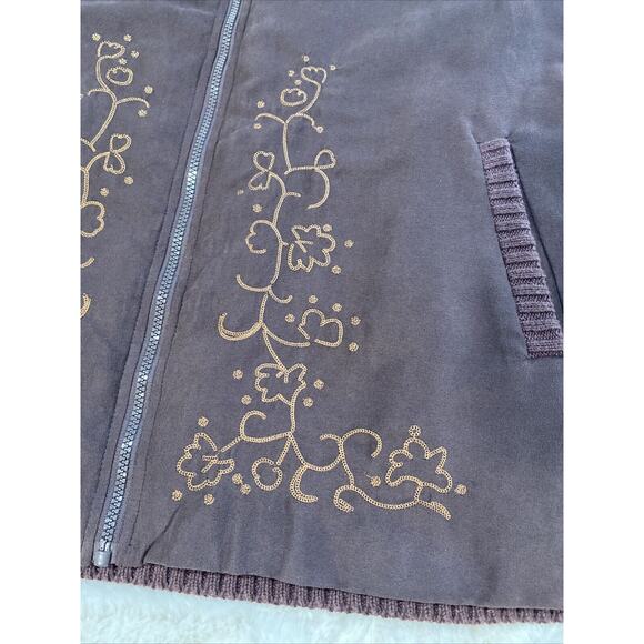 Avon Women's Brown‎ Embroidery Rib Faux Fur Suede Knit Zip Sweater Jacket Sz 2X - Picture 6 of 10